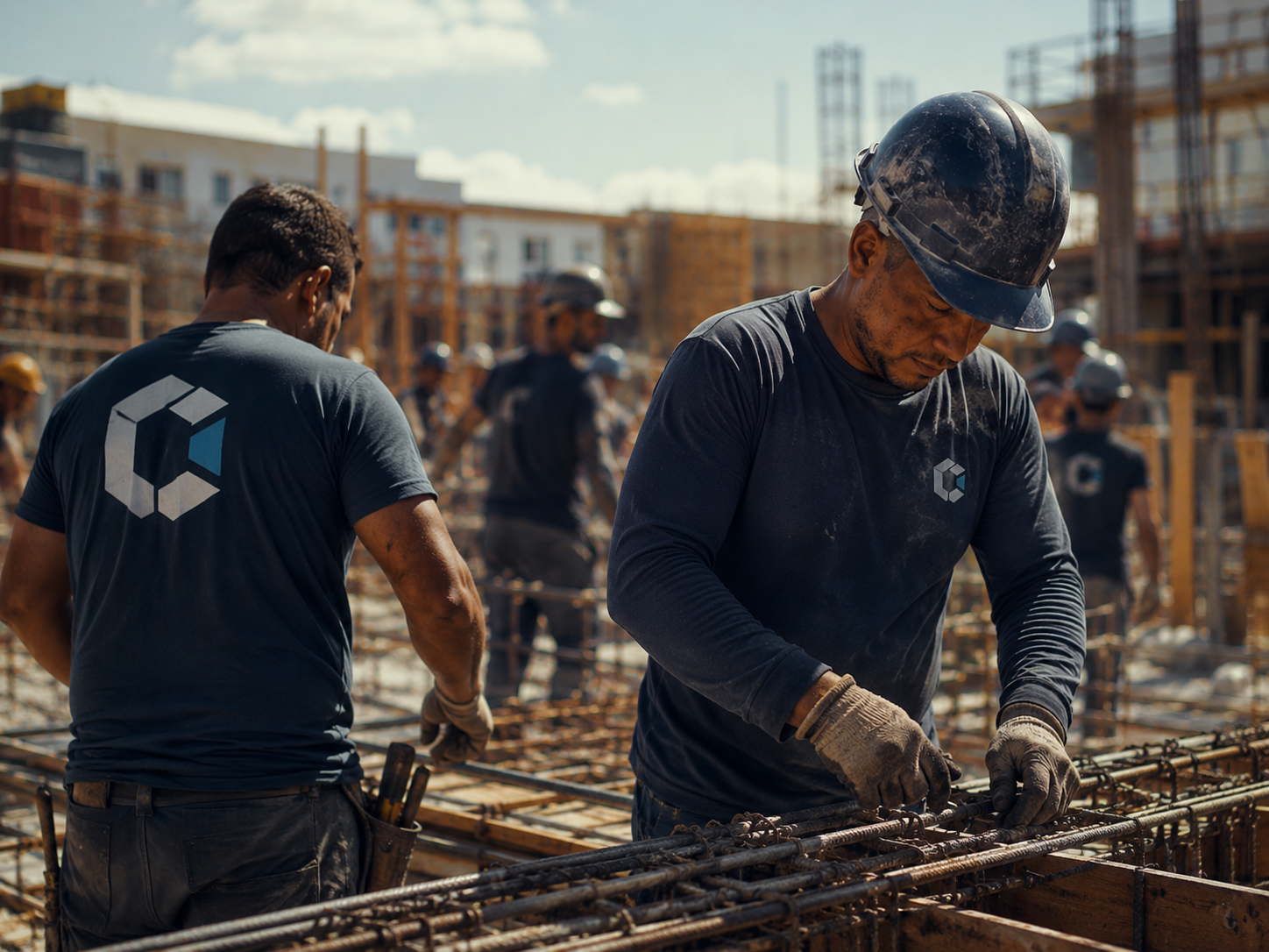 Equipe trabalhando em obra com uniforme tecnológico